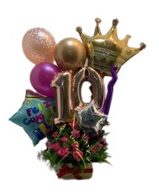 ARREGLO FLORAL CON ROSAS Y GLOBOS - Domi Delivery