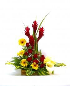 ARREGLO FLORAL DE ROSAS CALAS Y TROPICALES - Domi Delivery