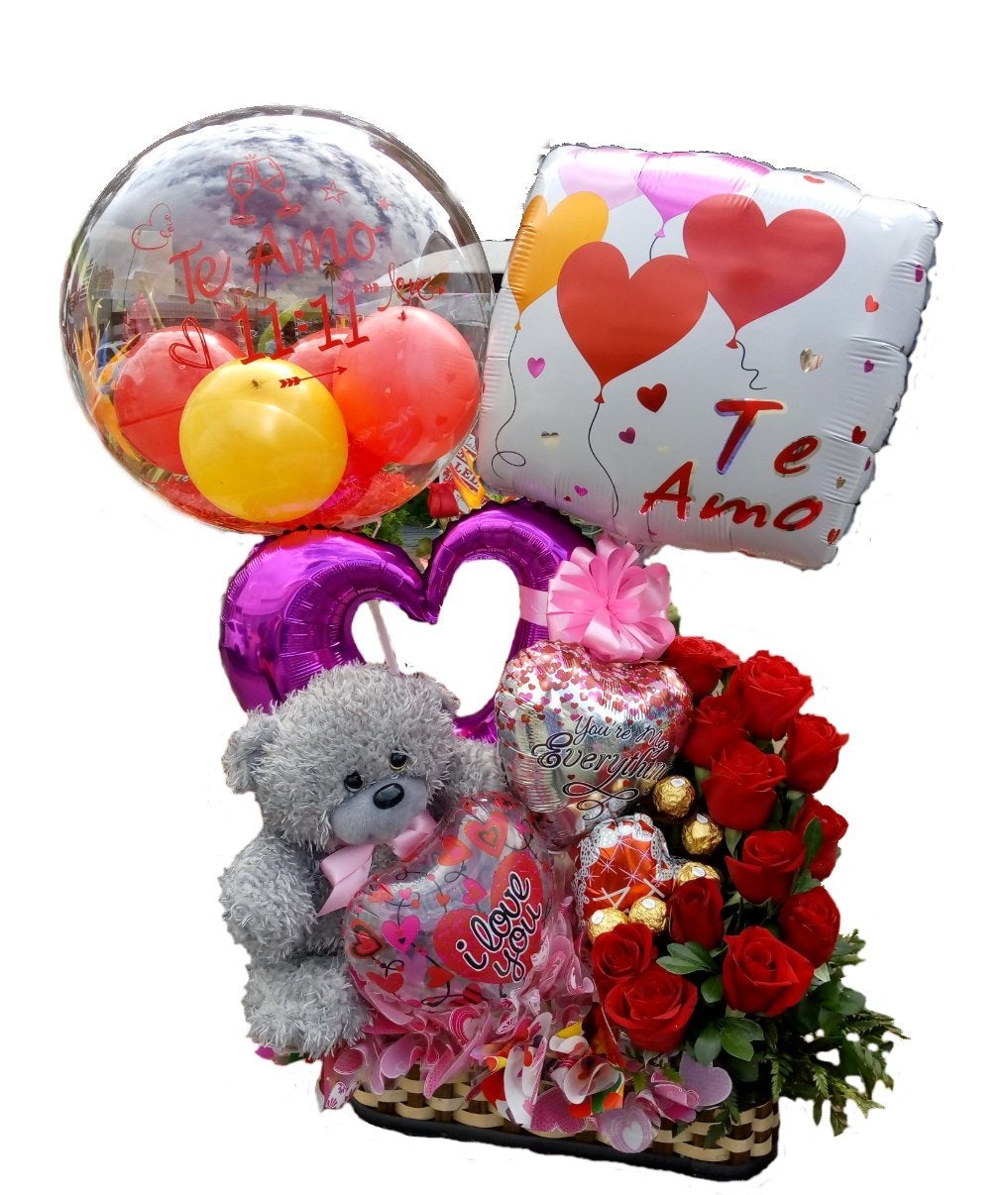 GLOBOS + PELUCHE + ROSAS Y BOMBONES - Domi Delivery